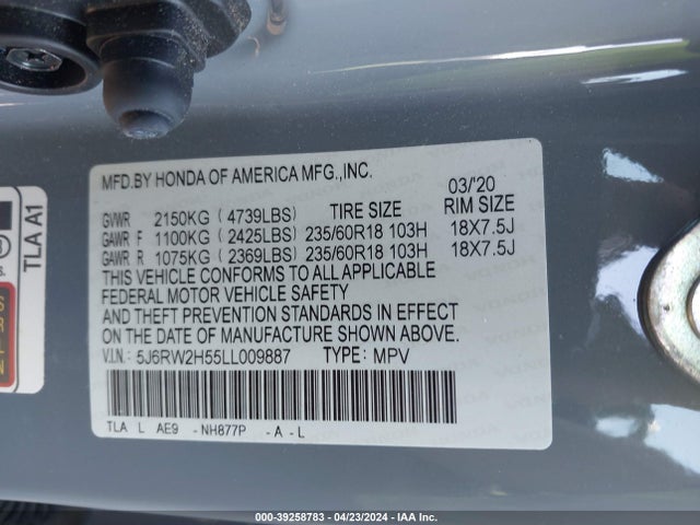 Honda Cr-v Awd Ex 2020 5J6RW2H55LL009887 Image 9