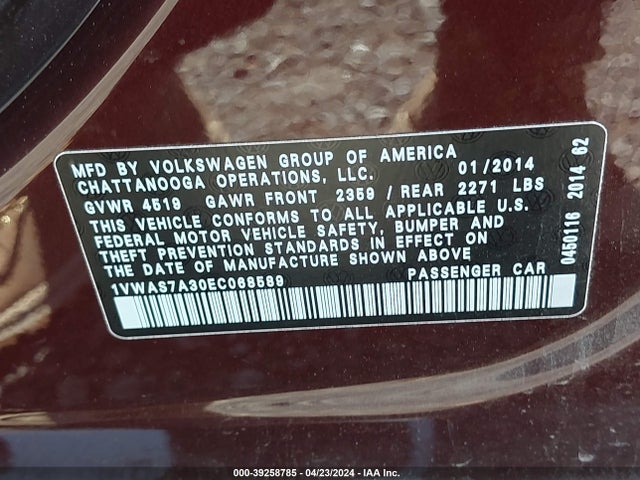 Volkswagen Passat 1.8t S 2014 1VWAS7A30EC068589 Image 9