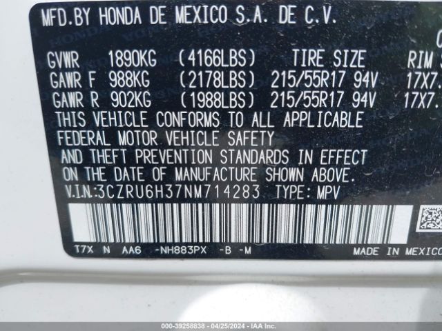 3CZRU6H37NM714283 Honda Hr-v Awd Lx
