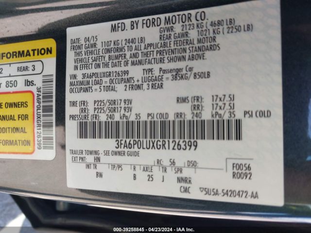 3FA6P0LUXGR126399 Ford Fusion Se Hybrid