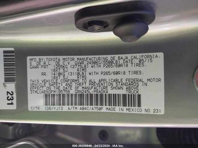 Toyota Tacoma Base V6 2015 3TMLU4EN3FM195756 Image 9