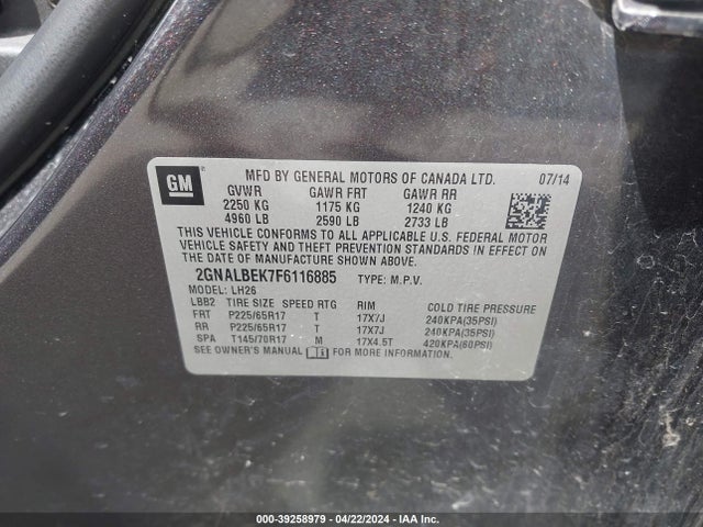 Chevrolet EQUINOX 1LT 2015 2GNALBEK7F6116885 Image 9