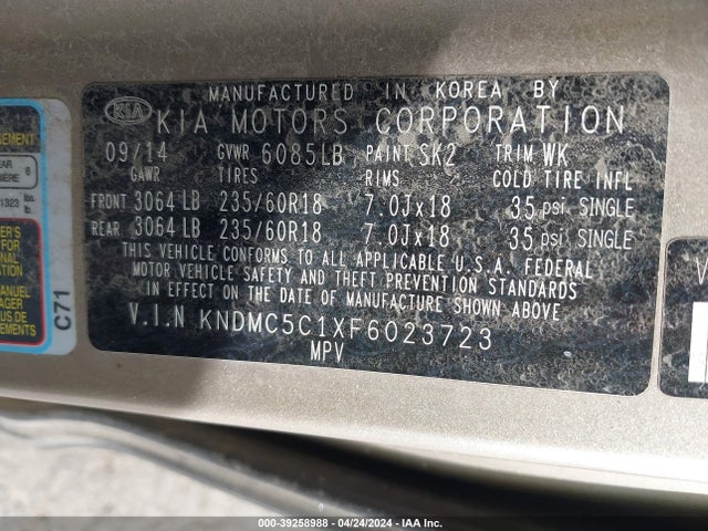 KIA SEDONA EX 2015 KNDMC5C1XF6023723 Image 9
