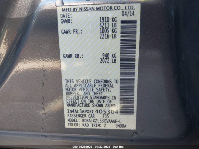 Nissan Altima 2.5 Sl 2014 1N4AL3APXEC405304 Image 9