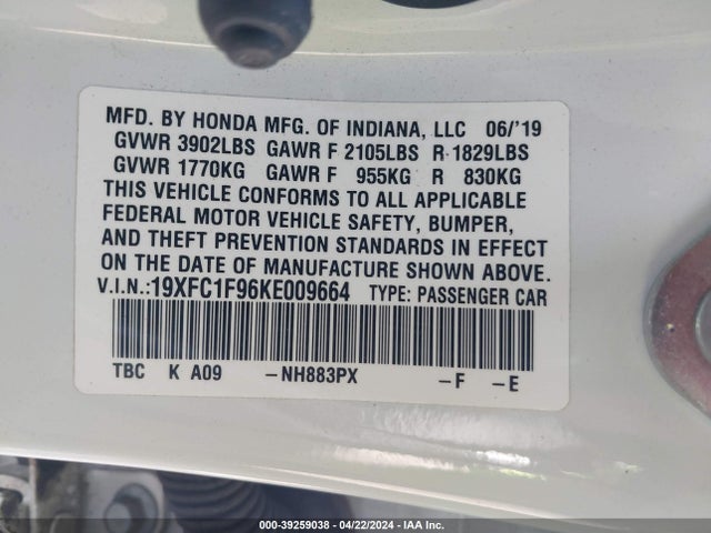 Honda Civic Touring 2019 19XFC1F96KE009664 Image 9