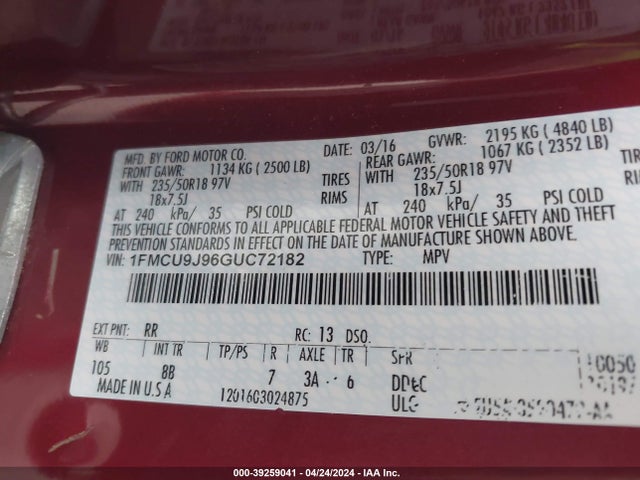 Ford Escape Titanium 2016 1FMCU9J96GUC72182 Image 9