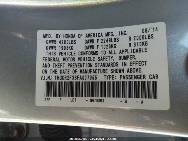 Honda ACCORD LX 2015 1HGCR2F38FA007055 Image 9
