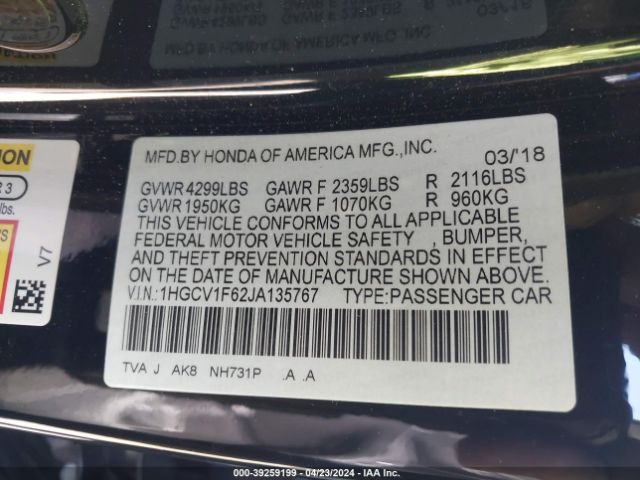 1HGCV1F62JA135767 Honda Accord Ex-l