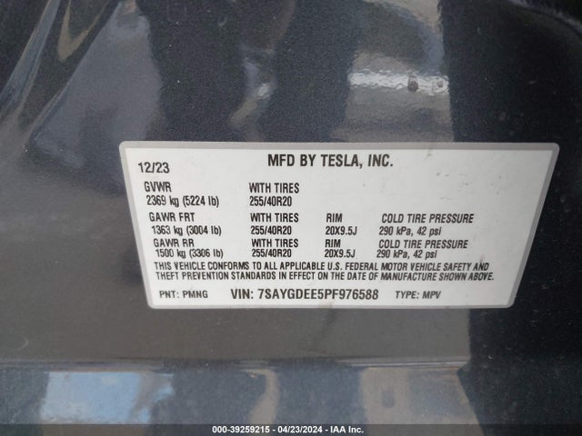 7SAYGDEE5PF976588 Tesla Model Y Awd/long Range Dual Motor All-wheel Drive