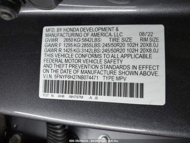 5FNYF6H27NB074471 Honda Pilot Awd Special Edition