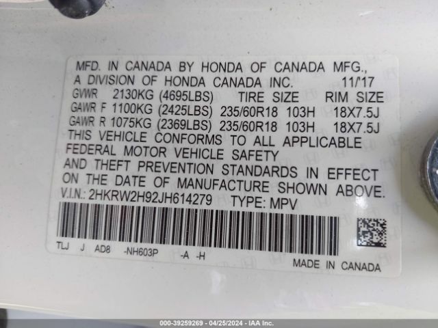 2HKRW2H92JH614279 Honda Cr-v Touring