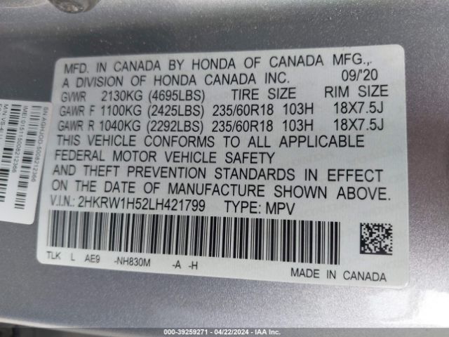 2HKRW1H52LH421799 Honda Cr-v 2wd Ex