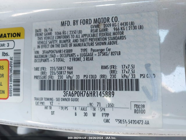 Ford FUSION SE 2017 3FA6P0H76HR145889 Image 9