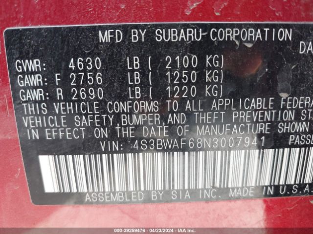 4S3BWAF68N3007941 Subaru Legacy Premium