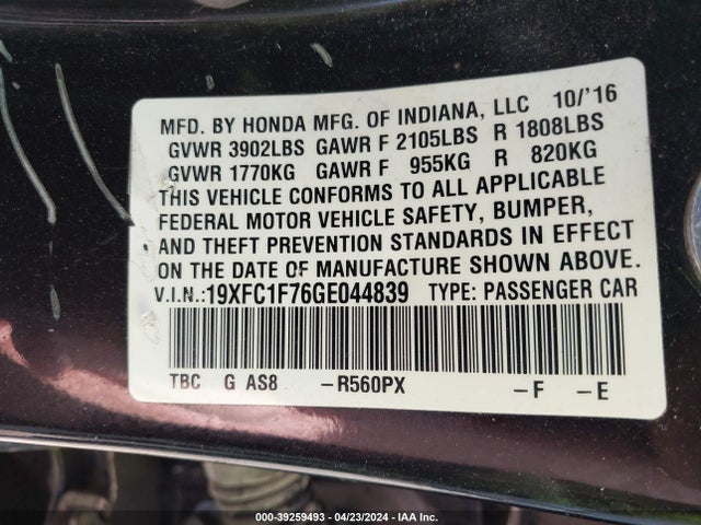 Honda Civic Ex-l 2016 19XFC1F76GE044839 Image 9