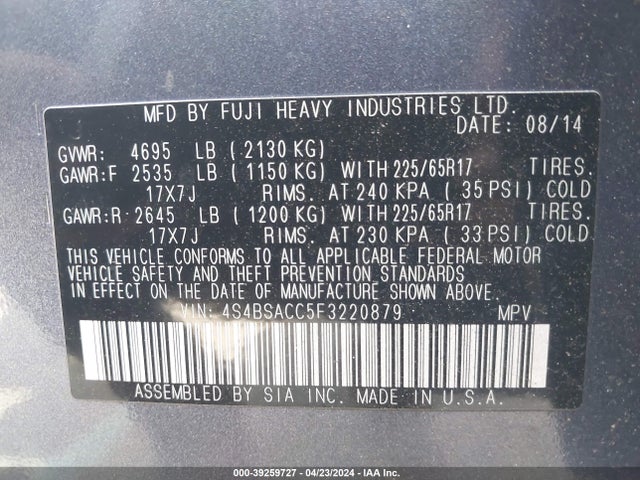 Subaru Outback 2.5i Premium 2015 4S4BSACC5F3220879 Image 9
