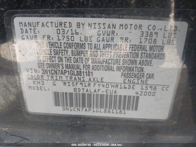 Nissan Versa 1.6 S 2016 3N1CN7AP1GL881181 Image 9