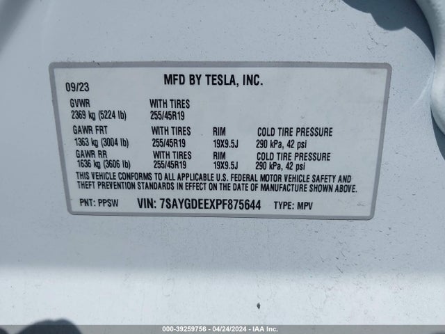 7SAYGDEEXPF875644 Tesla Model Y Awd/long Range Dual Motor All-wheel Drive