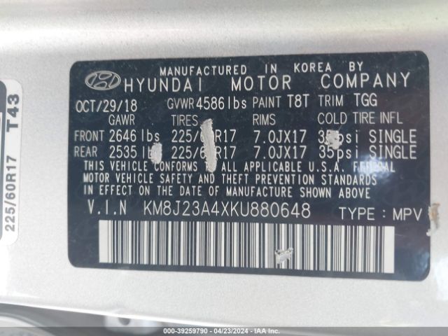 KM8J23A4XKU880648 Hyundai TUCSON SE