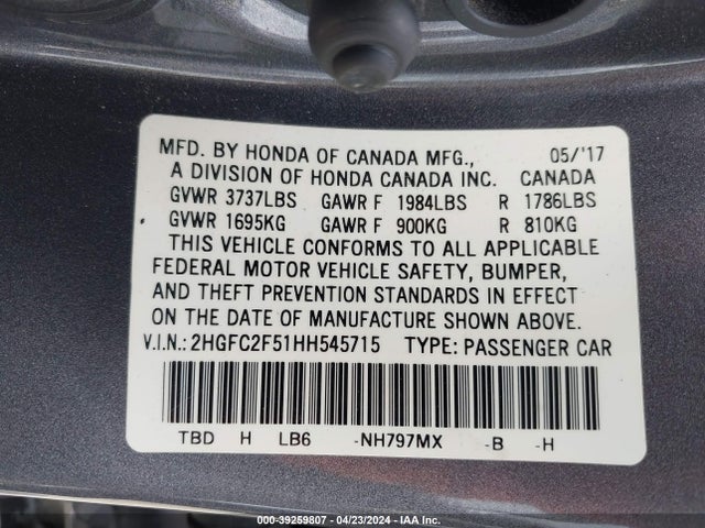 Honda Civic Lx 2017 2HGFC2F51HH545715 Image 9