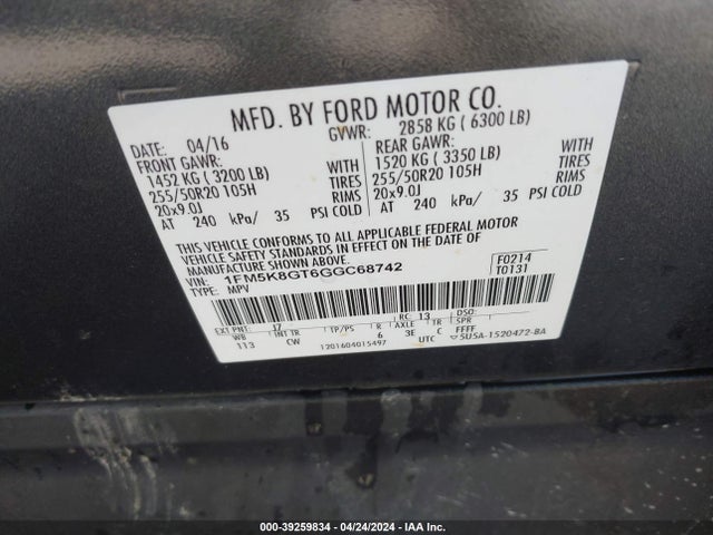Ford EXPLORER SPORT 2016 1FM5K8GT6GGC68742 Image 9