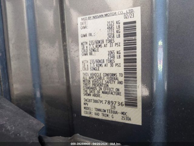 5N1BT3BB7PC789736 Nissan Rogue Sv Intelligent Awd