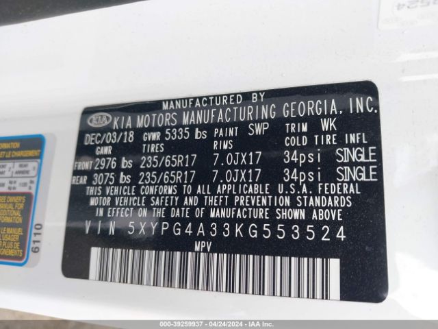 5XYPG4A33KG553524 KIA Sorento 2.4l Lx