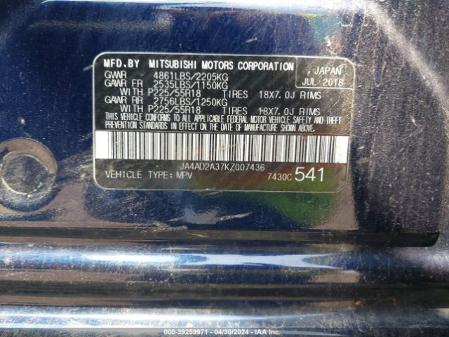 JA4AD2A37KZ007436 Mitsubishi Outlander Es