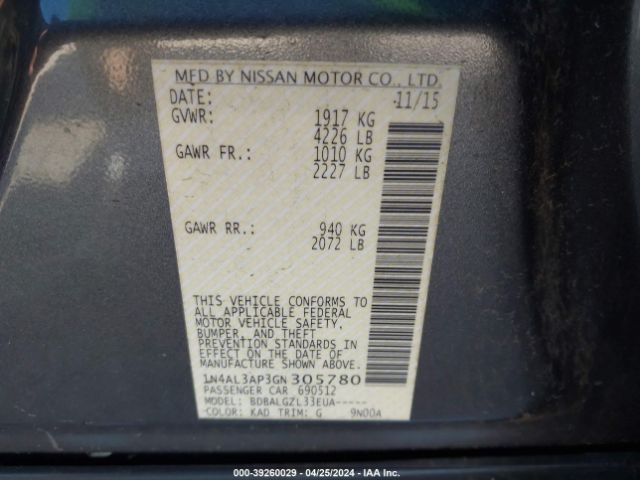 1N4AL3AP3GN305780 Nissan Altima 2.5/2.5 S/2.5 Sl/2.5 Sr/2.5 Sv
