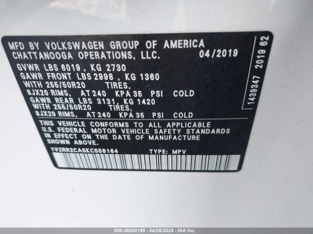 1V2RR2CA5KC558164 Volkswagen Atlas 3.6l V6 Sel R-line