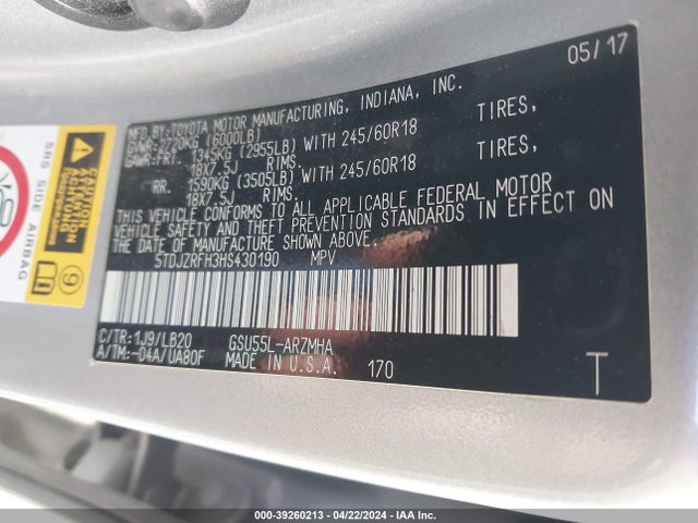 Toyota Highlander Xle 2017 5TDJZRFH3HS430190 Image 9