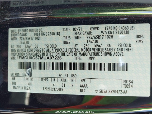 Ford ESCAPE SE 2021 1FMCU0G67MUA07226 Image 9