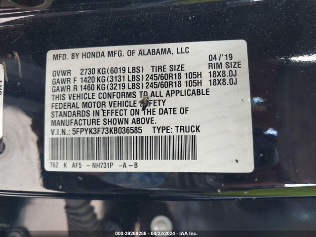 Honda Ridgeline Rtl-e 2019 5FPYK3F73KB036585 Image 9