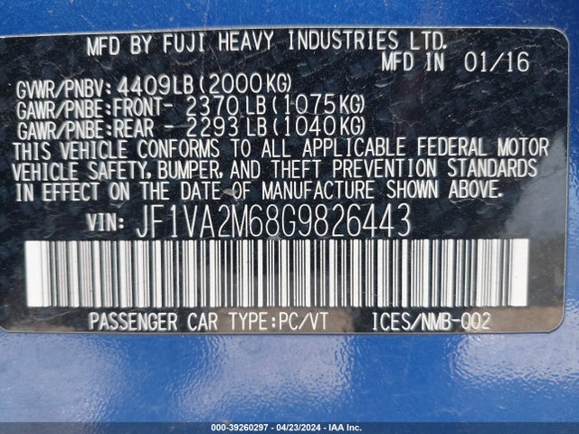 Subaru Wrx Sti 2016 JF1VA2M68G9826443 Image 9