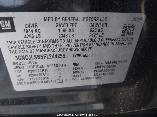 Chevrolet Trax Lt 2015 3GNCJLSB5FL244255 Image 9