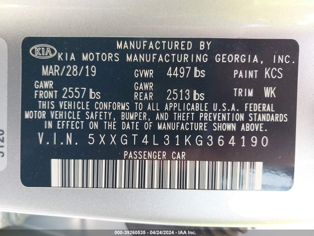 KIA Optima Lx 2019 5XXGT4L31KG364190 Image 9