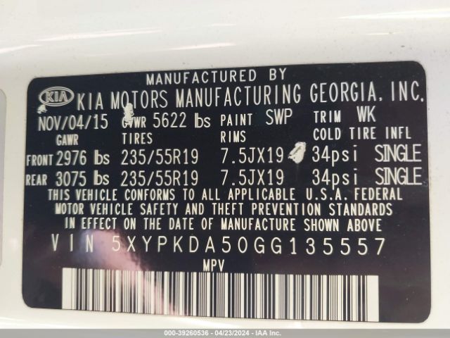 5XYPKDA50GG135557 KIA Sorento 3.3l Sxl