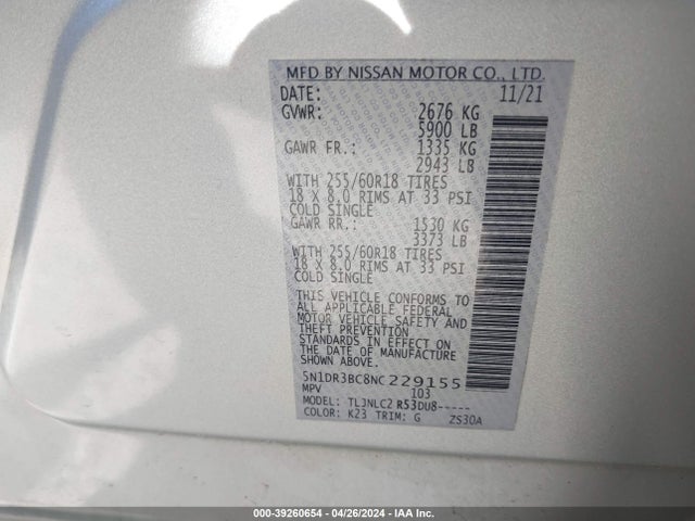 5N1DR3BC8NC229155 Nissan Pathfinder Sv 4wd