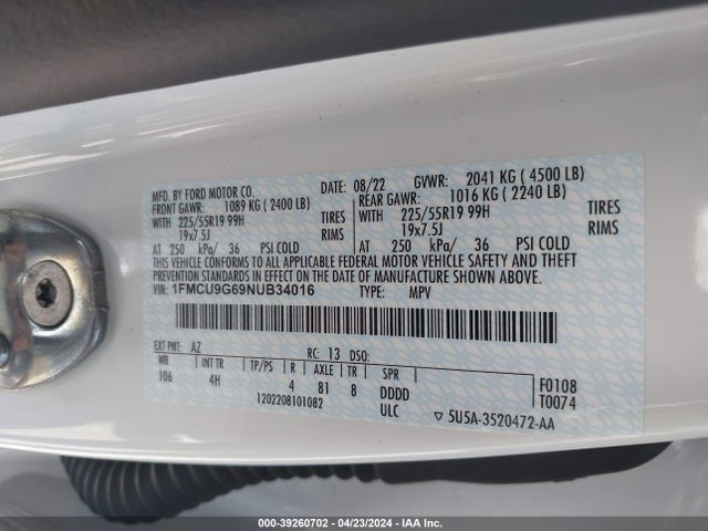 Ford ESCAPE SE 2022 1FMCU9G69NUB34016 Image 9
