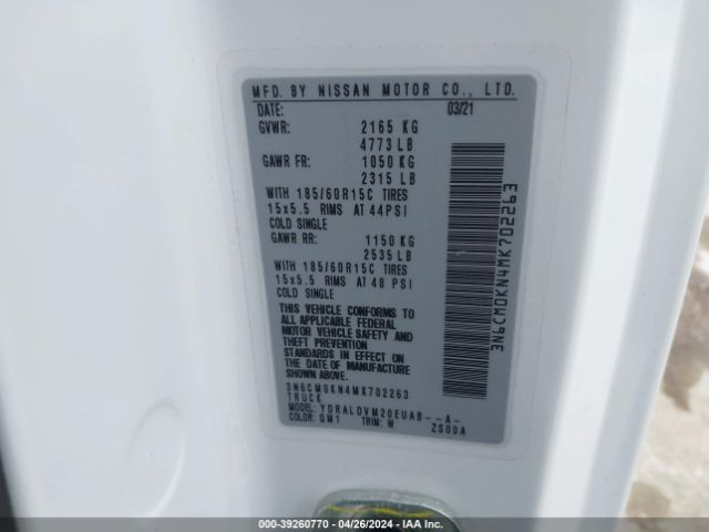 3N6CM0KN4MK702263 Nissan Nv200 Compact Cargo S Xtronic Cvt