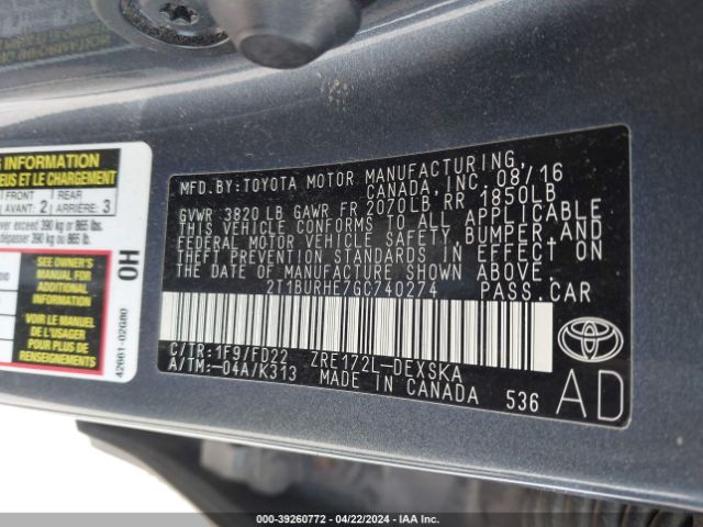 2T1BURHE7GC740274 Toyota Corolla S Plus