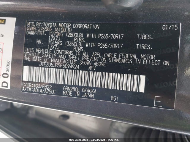 Toyota 4RUNNER SR5 2015 JTEZU5JR5F5094924 Image 9