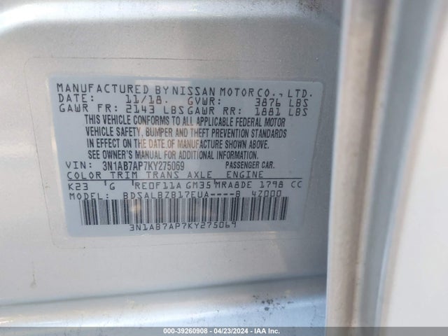Nissan SENTRA S 2019 3N1AB7AP7KY275069 Image 9