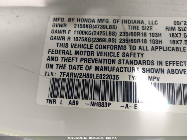 Honda Cr-v Awd Ex-l 2020 7FARW2H80LE022036 Image 9