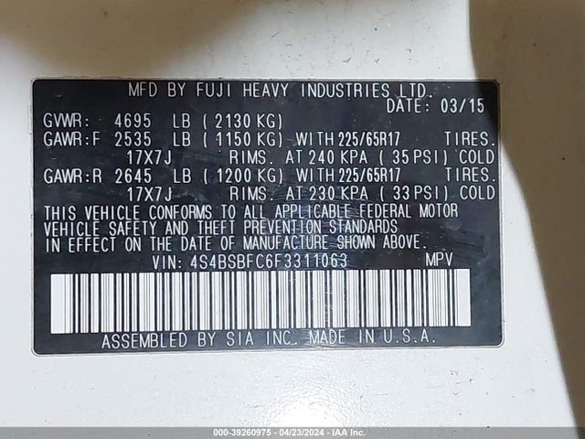 Subaru Outback 2.5i Premium 2015 4S4BSBFC6F3311063 Image 9