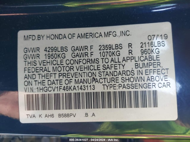 Honda ACCORD EX 2019 1HGCV1F46KA143113 Image 9