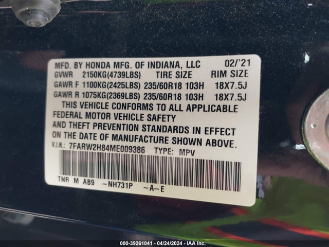 Honda Cr-v Awd Ex-l 2021 7FARW2H84ME009386 Image 9