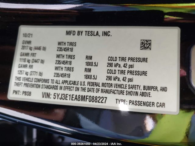 5YJ3E1EA8MF088227 Tesla Model 3 Standard Range Plus Rear-wheel Drive