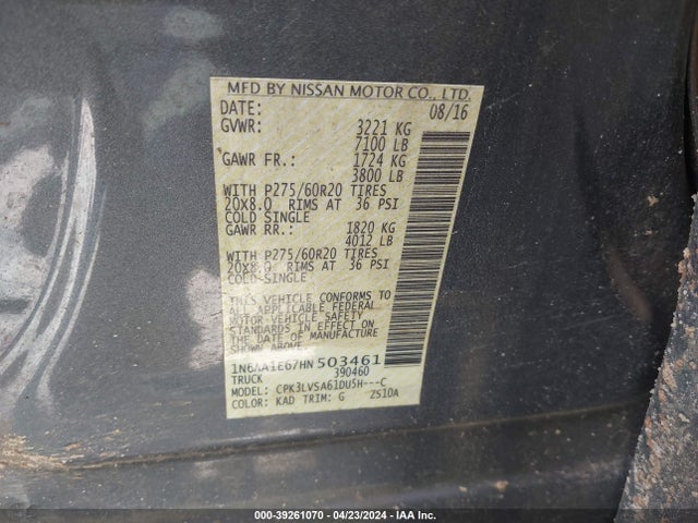Nissan Titan Sl 2017 1N6AA1E67HN503461 Image 9