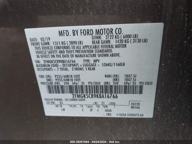 Ford FLEX SEL 2019 2FMGK5C89KBA16766 Image 9